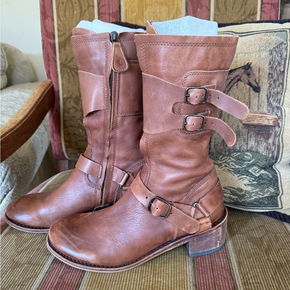 Gee Wawa Women Moto Biker Buckle Brown Rustic Leather Riding Boots size 8.5